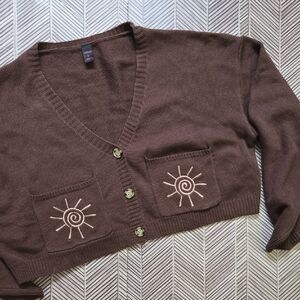 Cropped Brown Cardigan Sweater with Embroidered Sun Pockets V-Neck Button Front
